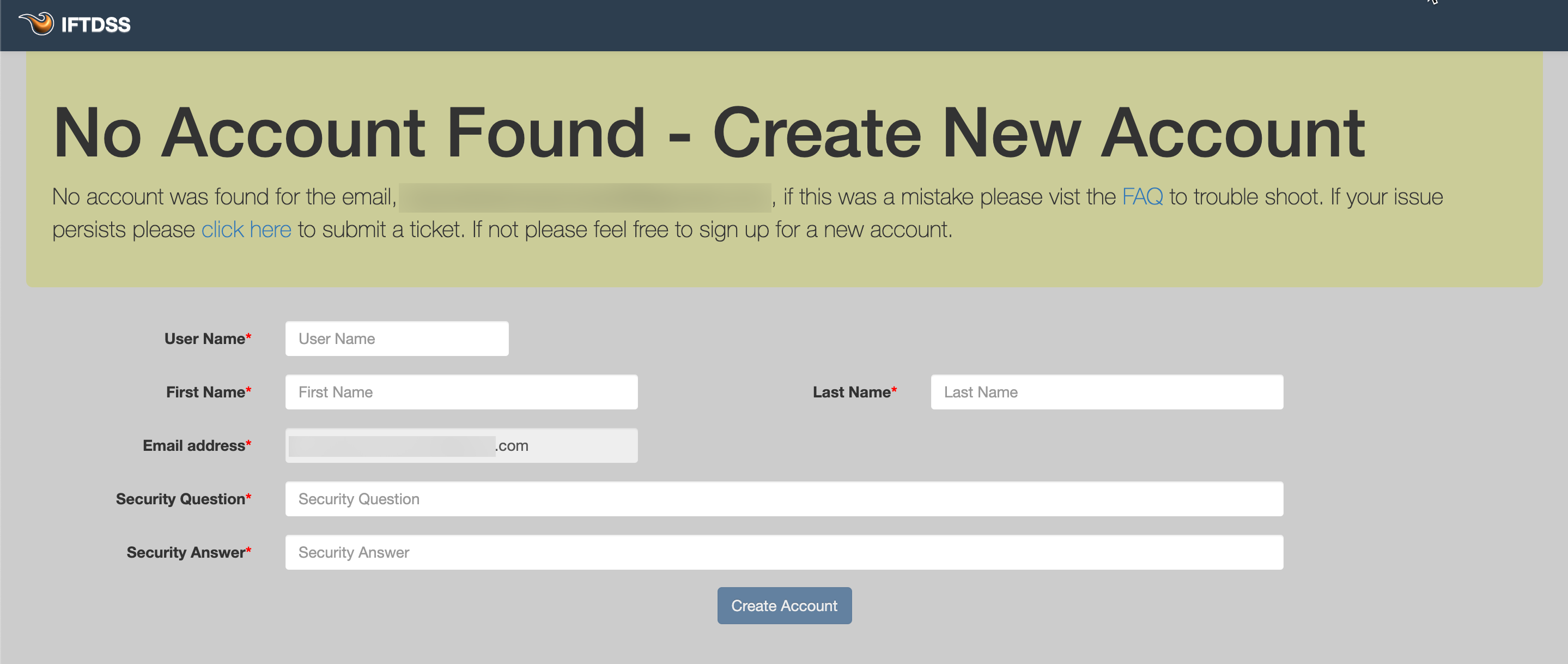 information fields required to create an IFTDSS account.