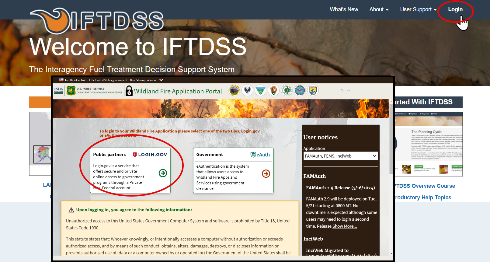 Public Partner option circled on the Wildland Fire Application Portal that appears after clicking the IFTDSS Login option.