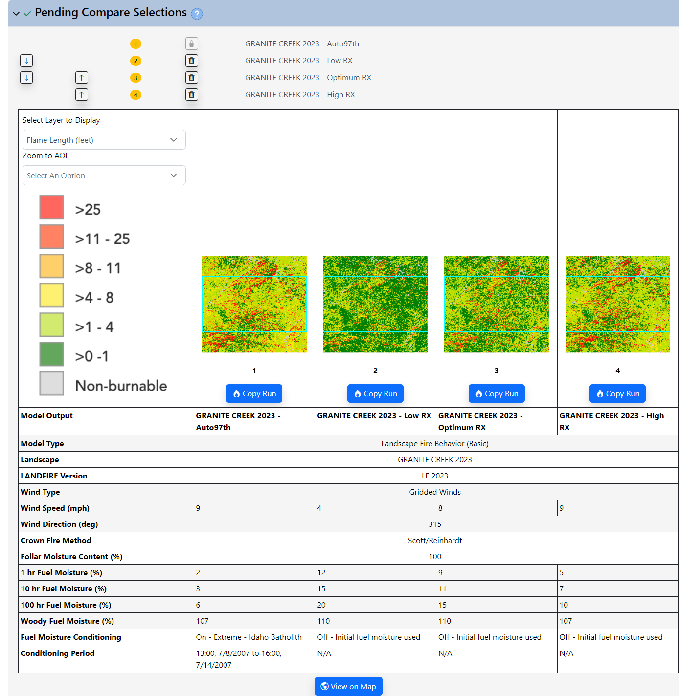 Comparison interface with model outputs in thumbnail view, followed by a table of the output values.