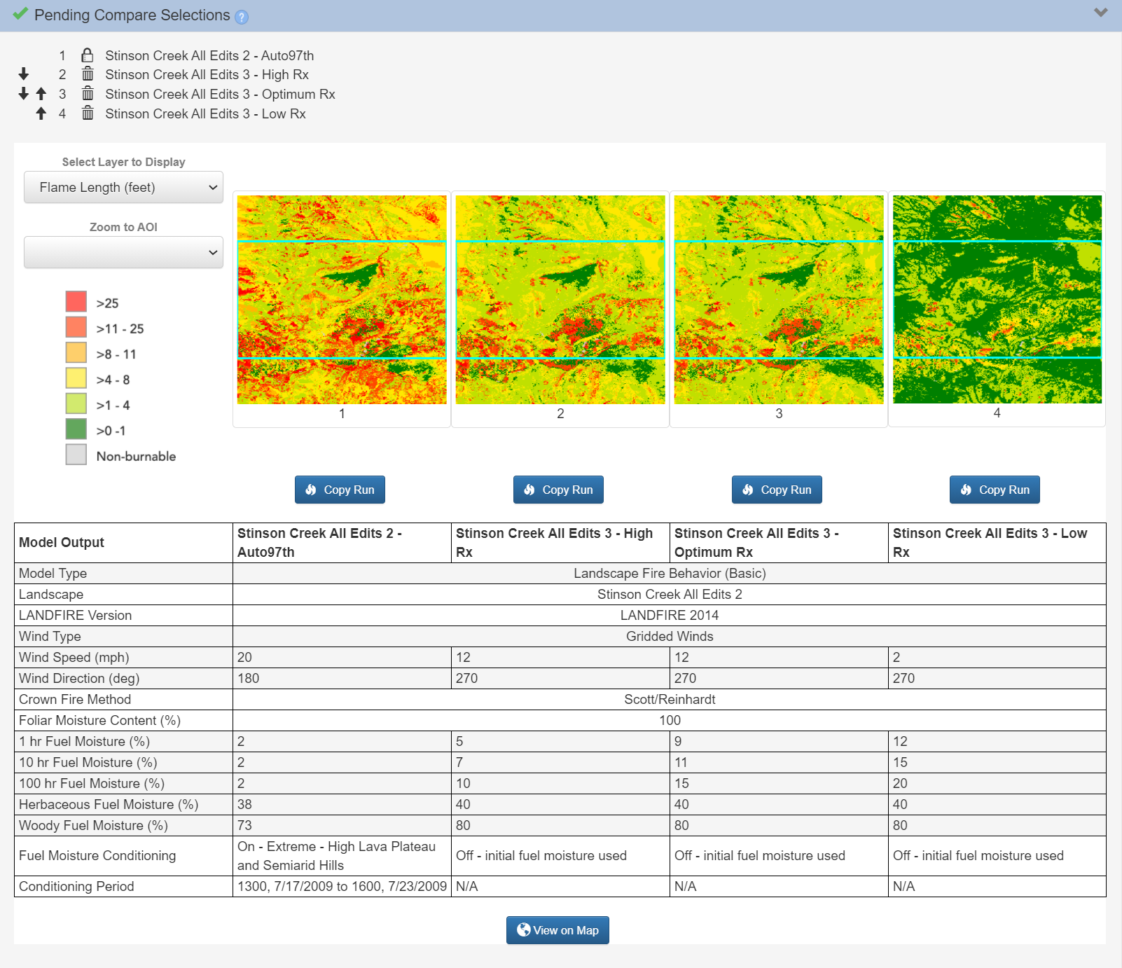 Comparison interface with model outputs in thumbnail view, followed by a table of the output values.