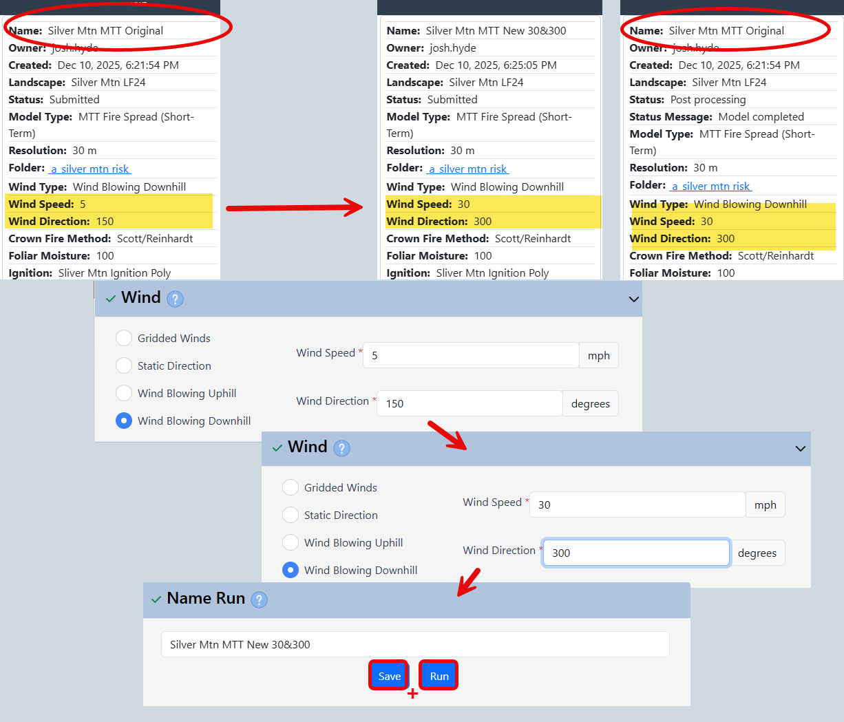 reigh-hand metadata panels showing that when a run is copied and wind speed and direction are changed, and the save and run buttons are used in a single session, the wind inputs listed in the panel for the original run are overwritten with the new values.