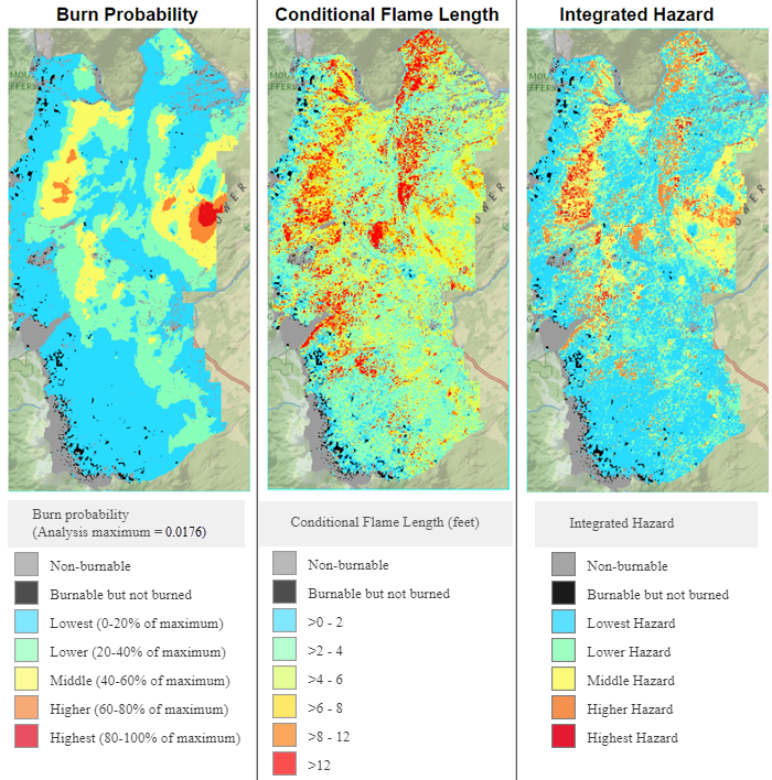 comparison of burn probability, conditional flame length, and integrated hazard