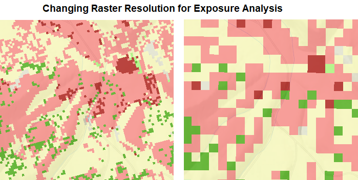 left shows a fine resolution raster, while to the right the same area is represented with courser resolution rasters