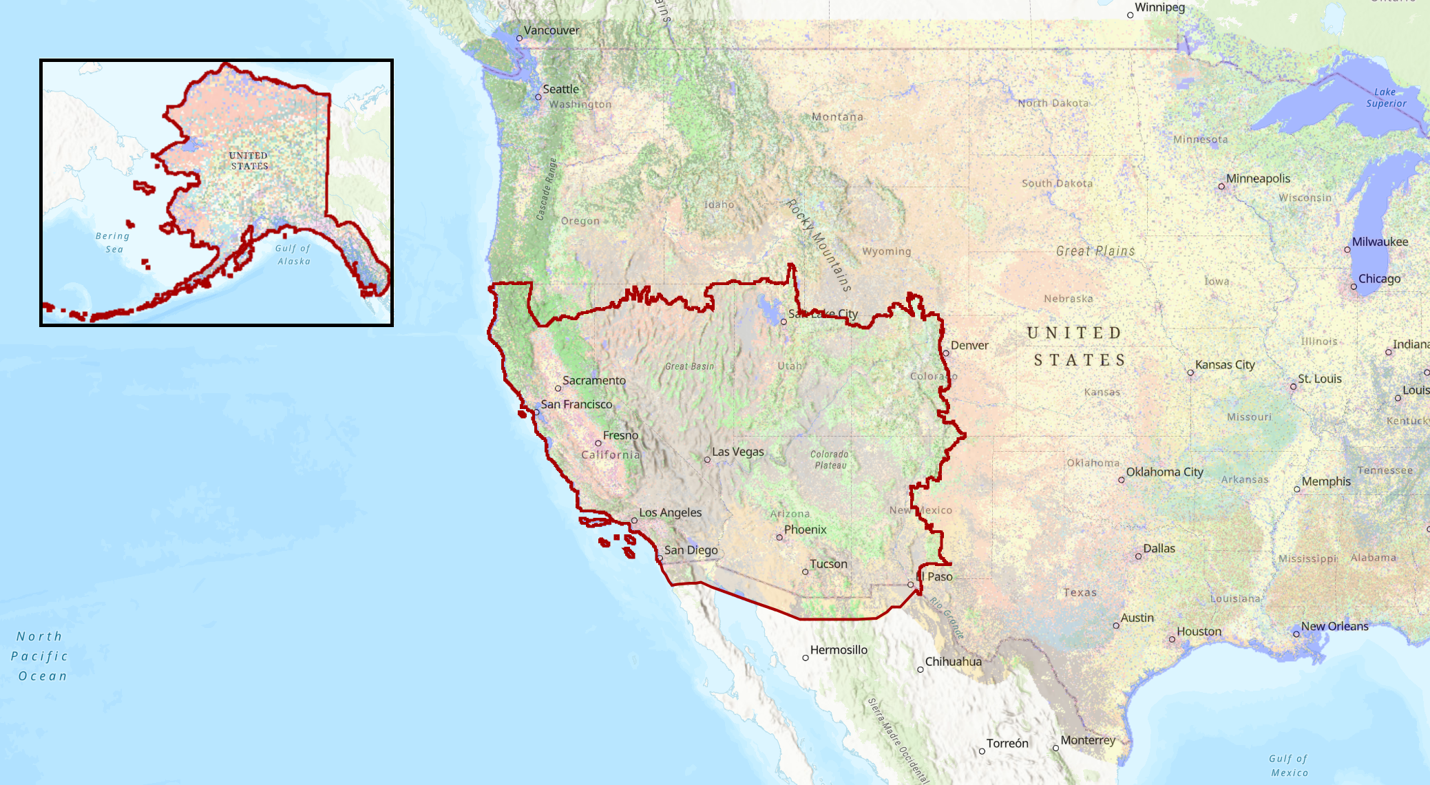 The state of Alaska and the Southwestern region of the US with a red outline around those boundaries.