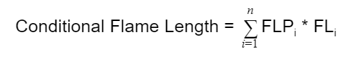 equation indicating conditional flame length is the sum product of the  flame lengths across the six fire intensity levels