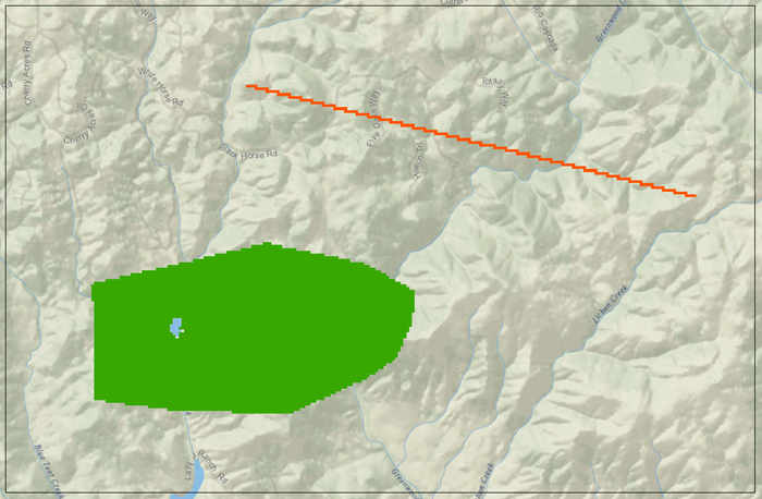 raterized ignition line (orange), north of the rasterized barrier (green), which has been filled.