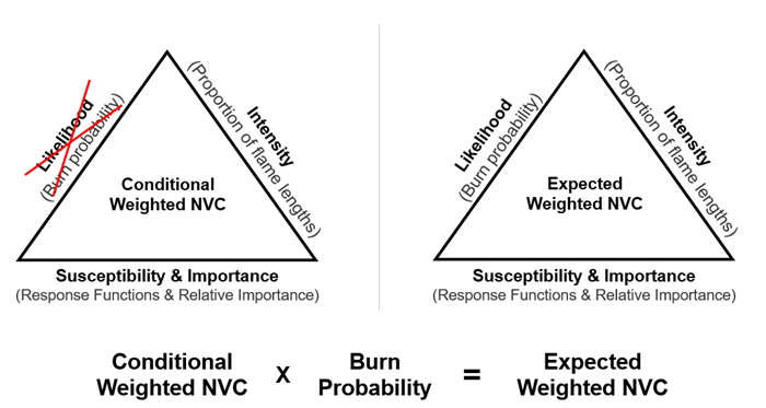 Conditional Weighted NVC triangle showing Intensity (Proportion of Flame Lengths) and Susceptibility & Importance (Resopnse Functions and Relative Importance), Likelihood (Burn Probability is crossed out. The Expected Weighted NVC triangle shows the same three sides but Likelihood (Burn Probability) is not crossed out.