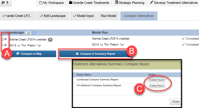 use the 'compare on map' and 'compare in summary report button' to compare results