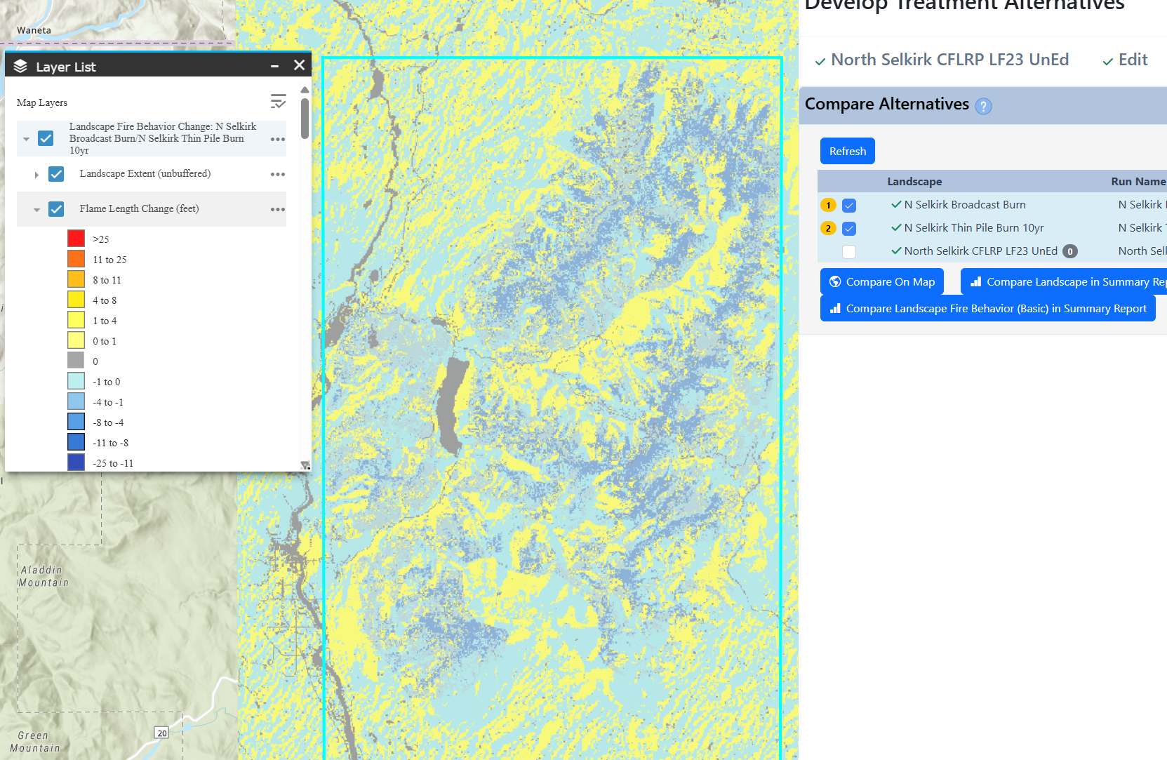 Flame length change layer on the map shows a decrease in flame length within the treated area