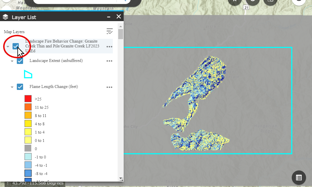 model change layer depicts changes in model results between the two landscapes