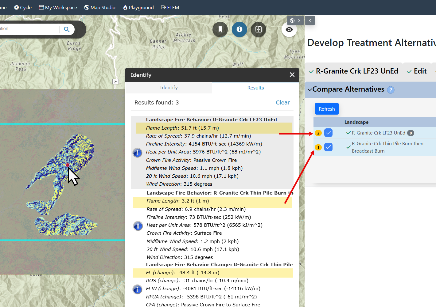 model output change resulting from model output from Landscape 2 subtracted from model output from  landscape 1.