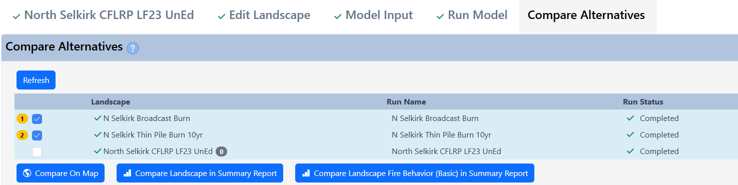 Comparing Alternatives tab with the new landscape and originating landscape selected for comparison.