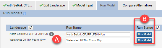 Run Model buttons can be seen to the right of each model run listed.