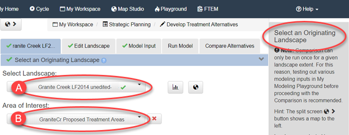 drop-down menus to select an originating landscape and optional area of interest