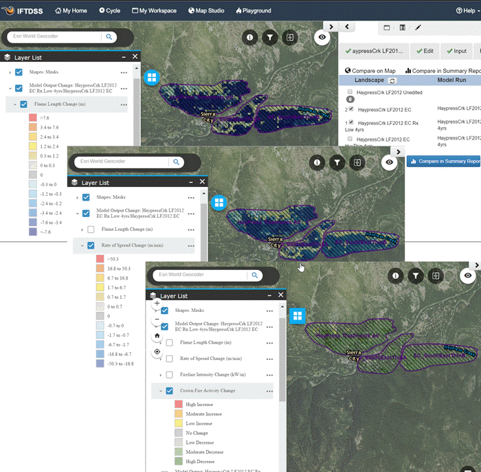 map layers showing a decrease in flame length, rate of spread, and crown fire