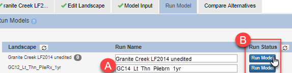 click 'run model' next to each landscape you wish to model