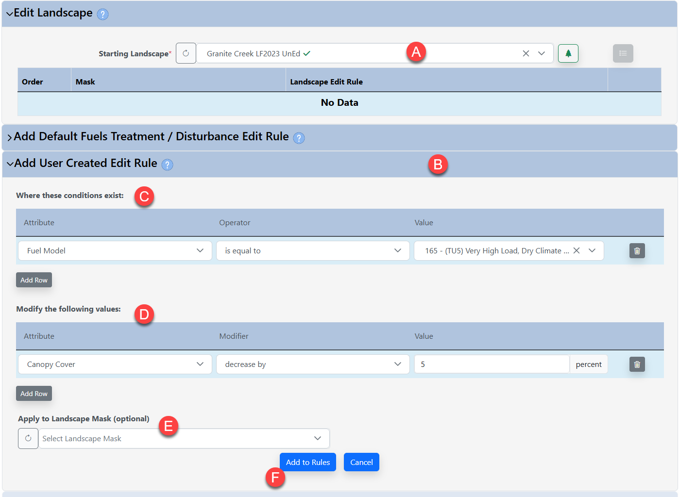 Adding a landscape edit rule using the dropdown and text fields to specify attributes, operators, modifiers, and values