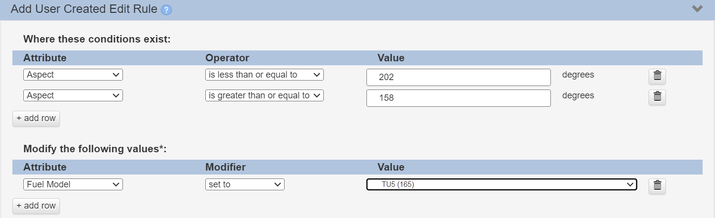 aspect between 158 and 202 selected in order to change the fuel model to TU5 on those aspects.