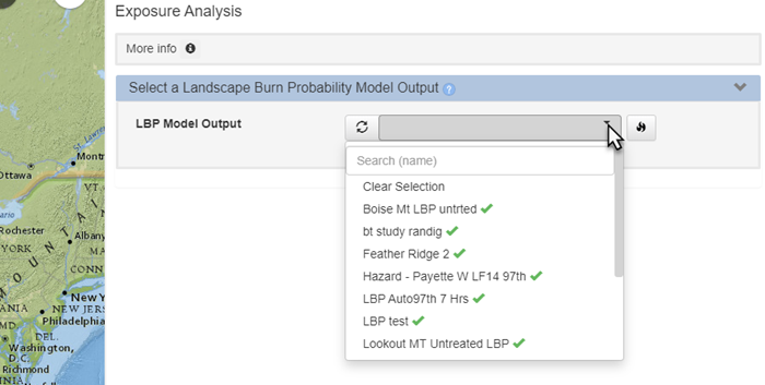 a dropdown list of available Landscape Burn Probability model outputs