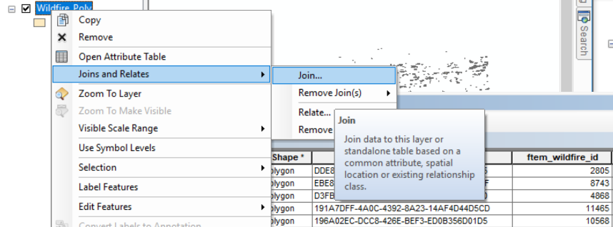 Joins and Relates menu with Join option in Arcmap 10.6.1