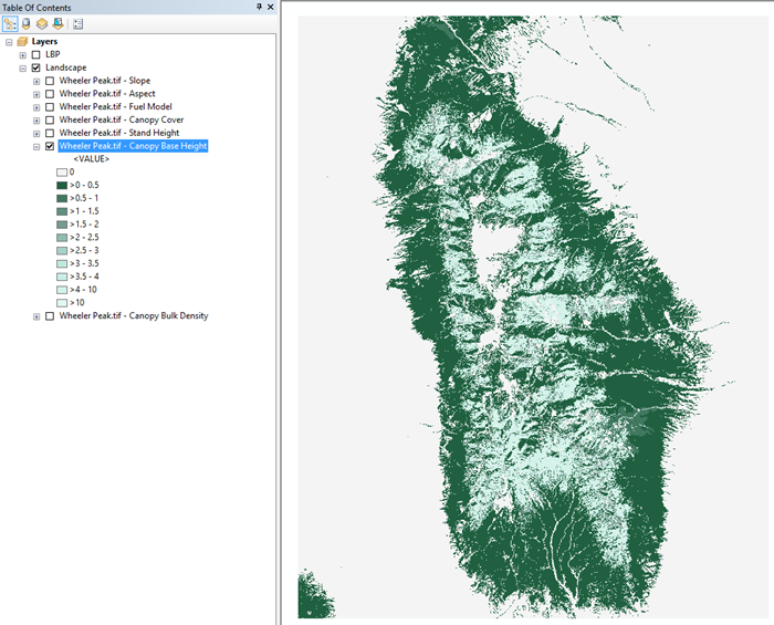 green color ramp for canopy base height shown in Arcmap