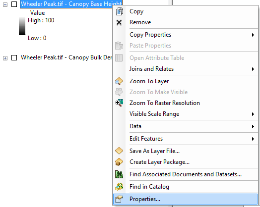 arc menu for the layer with the 'properties' option highlighted.