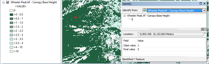 Canopy base heights in the geotiff indicated with a pixel value of 5, and canopy base height of 0.5