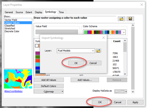 import symbology dialogue box with OK button at bottom