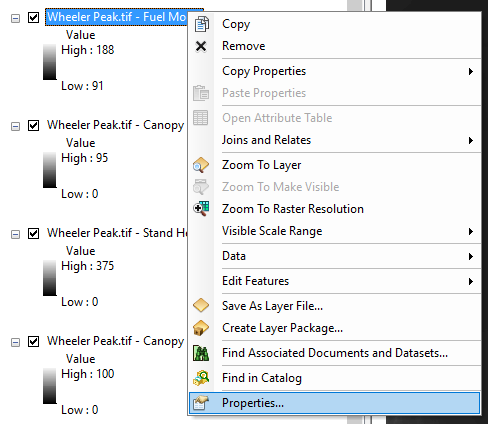 Arc menu for fuel model file, properties option is highlighted