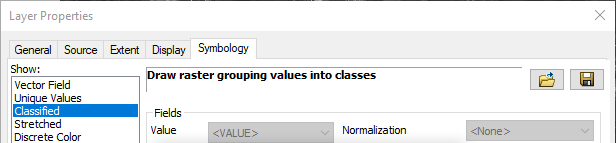 The "Layer Properties" box with "Classified" selected.