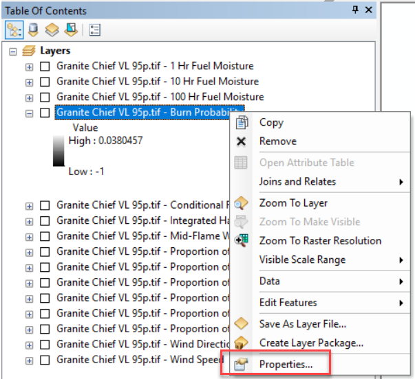 The "properties" option displayed in ArcMap after right-clicking on the Burn Probability layer.