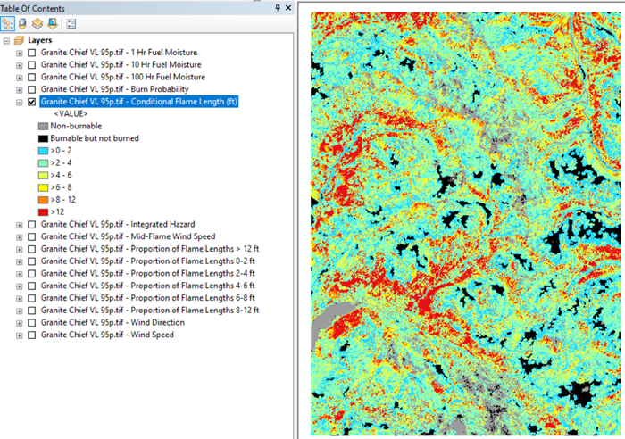 Conditional Flame Length layer displayed in ArcMap