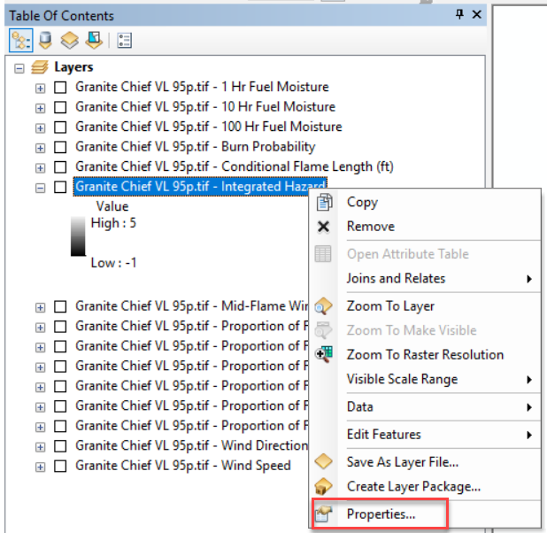 "Properties" menu option that becomes available when right clicking on the layer in arcmap