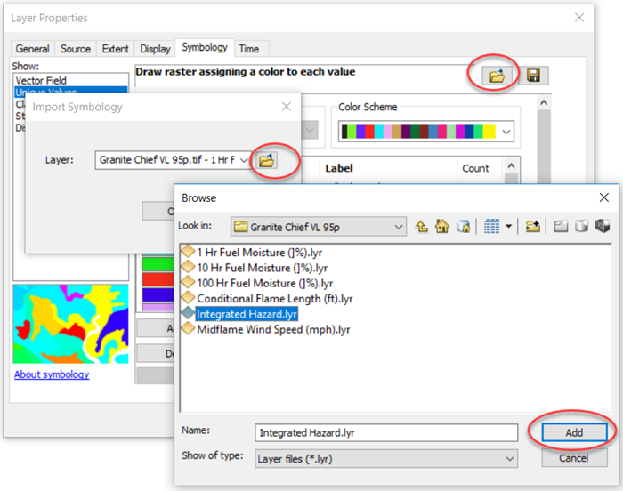 'Import Symbology' box opened via 'layer properties'.