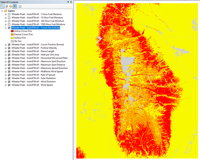 crown fire activity layer in ArcMap showing the same symbology as it appears in IFTDSS map Studio