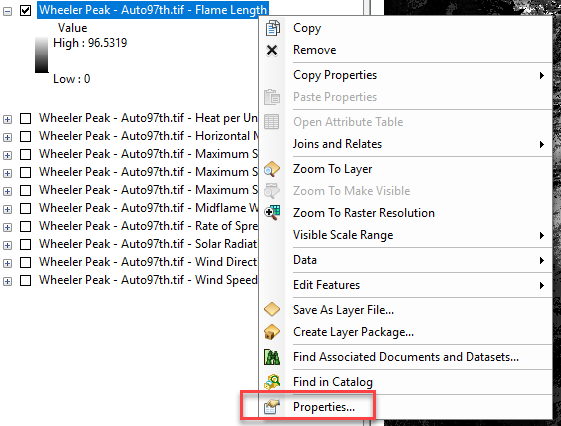 flame length layer options in Arcmap with the 'properties' option visibile at the bottom of the menu