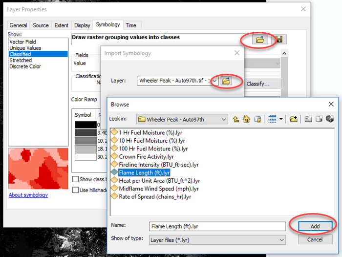 A file list of .lyr files available for selection as part of the import symbology process