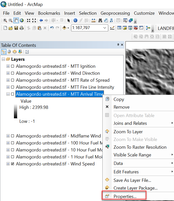 The "properties" option displayed in ArcMap after right-clicking on the Arrival Time layer.