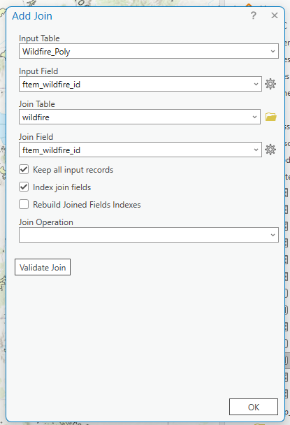 Add Join window with "Wildfire_Poly" selected as the input table and "ftem_wildfire_id" selected for both the input field and join field.