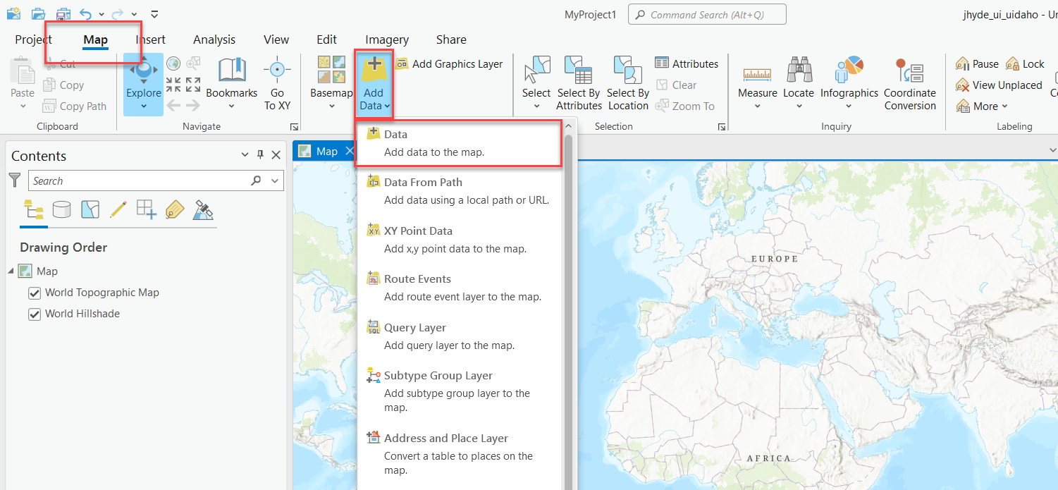 Add landscape from Map, Add Data, and Data.