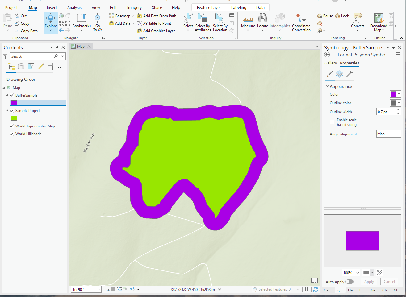 A visible buffer, in purple, may be seen surrounding the polygon