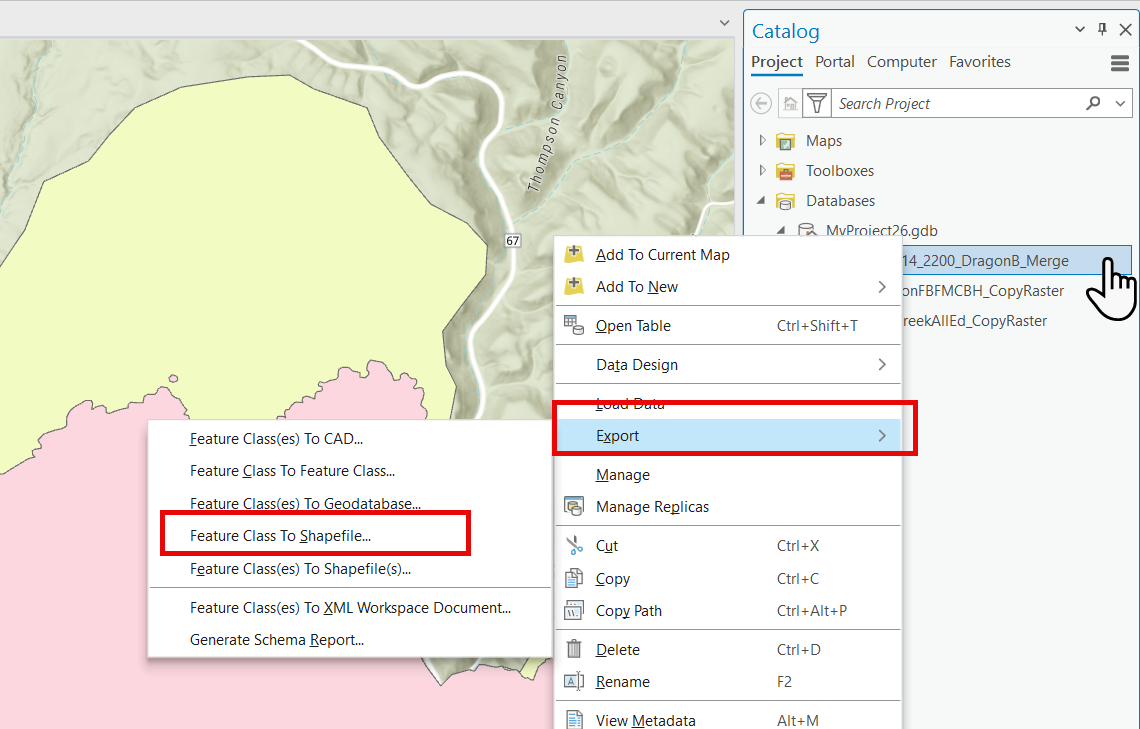 Export options include "Feature Class to Shapefile."