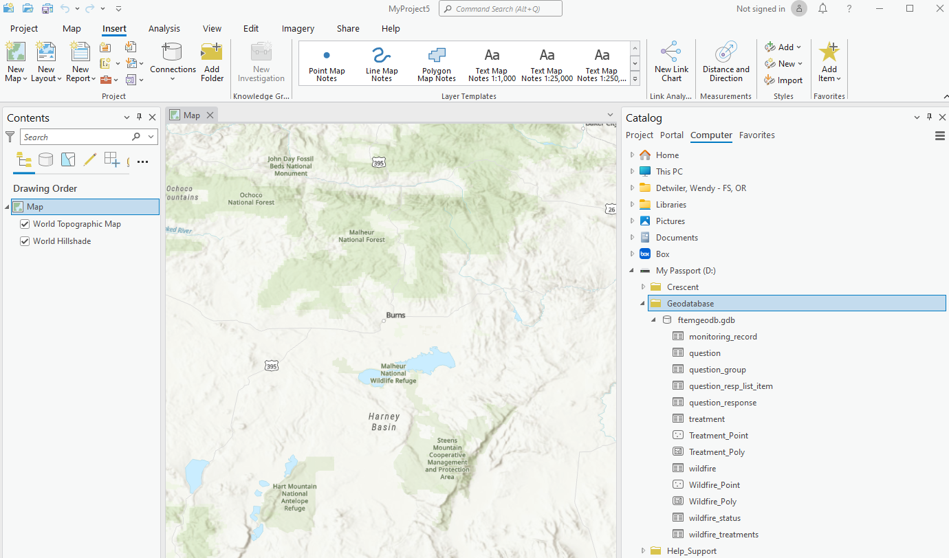 Contents of the geodatabase file are expanded in the Catalog pane.