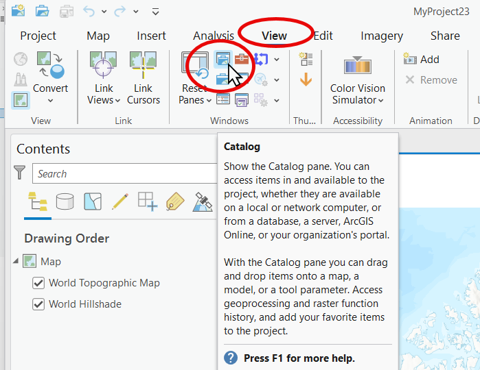 The View ribbon is visible and the mouse cursor is hovering over the catalog button.