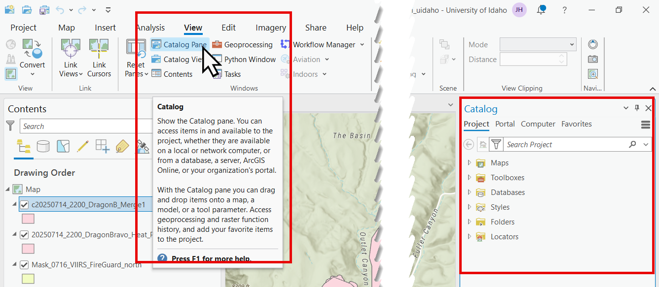 The Catalog Pane is available under the View ribbon.