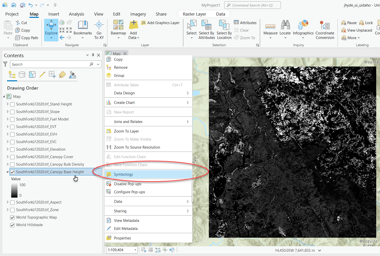 arc menu for the layer with the 'symbology' option highlighted.