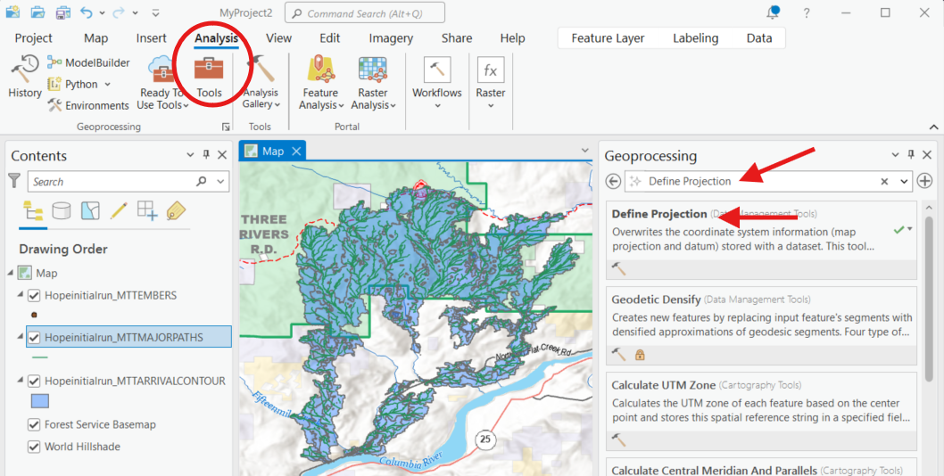 Geoprocessing pane displayed in the right of the map with the "define Projection" option clearly visible.