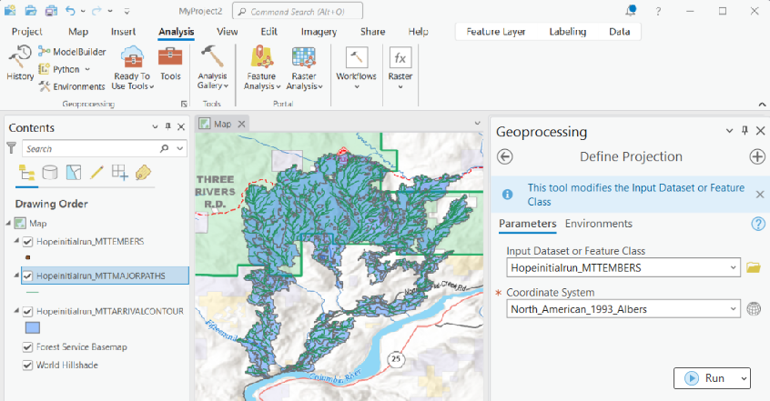 Input and output views in the Geoprocessing pane are populated.