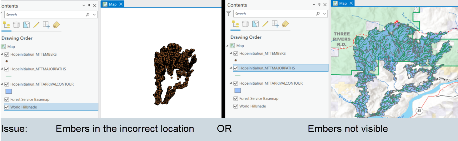 Possible incorrect ember views in ArcPro including embers in the incorrect location (left) or seeing other layers with no visible embers (right).
