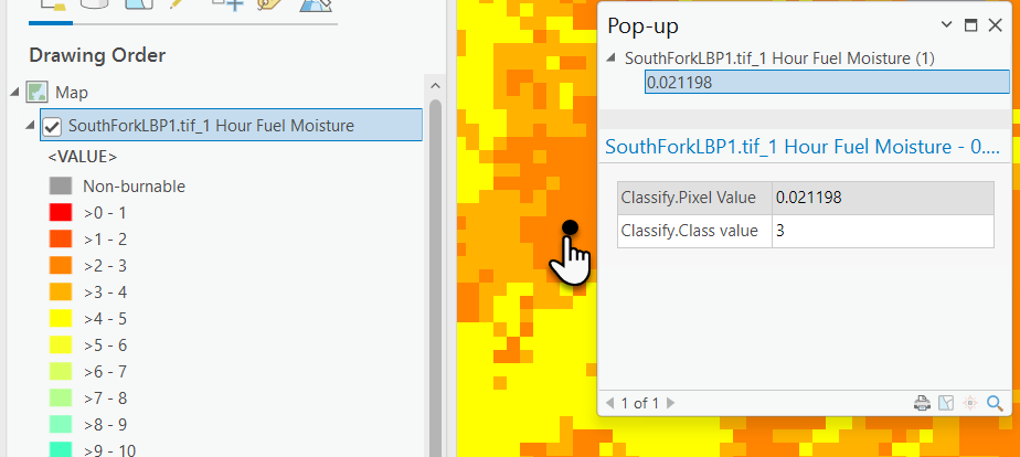 arc legend on the left displaying classes, arc explorer box on the right showing an exact number value rather than a class.